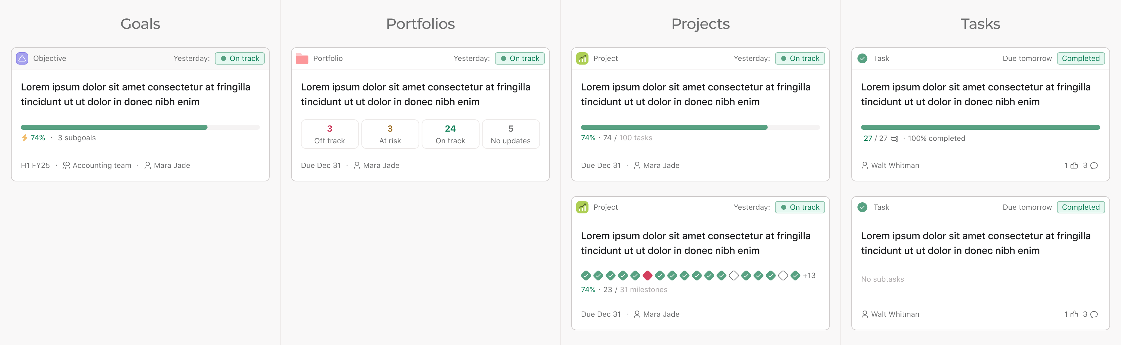 Final cards — Goals / Portfolios / Projects / Tasks